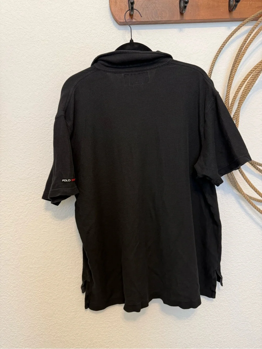 Vintage 90s Polo Sport Ralph Lauren Black Waffle Thermal Polo Shirt (XXL)